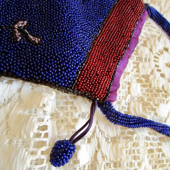 seed-bead Victorian antique handbag in radiant navy with florals ... hand-stitch - Picture 4 of 13